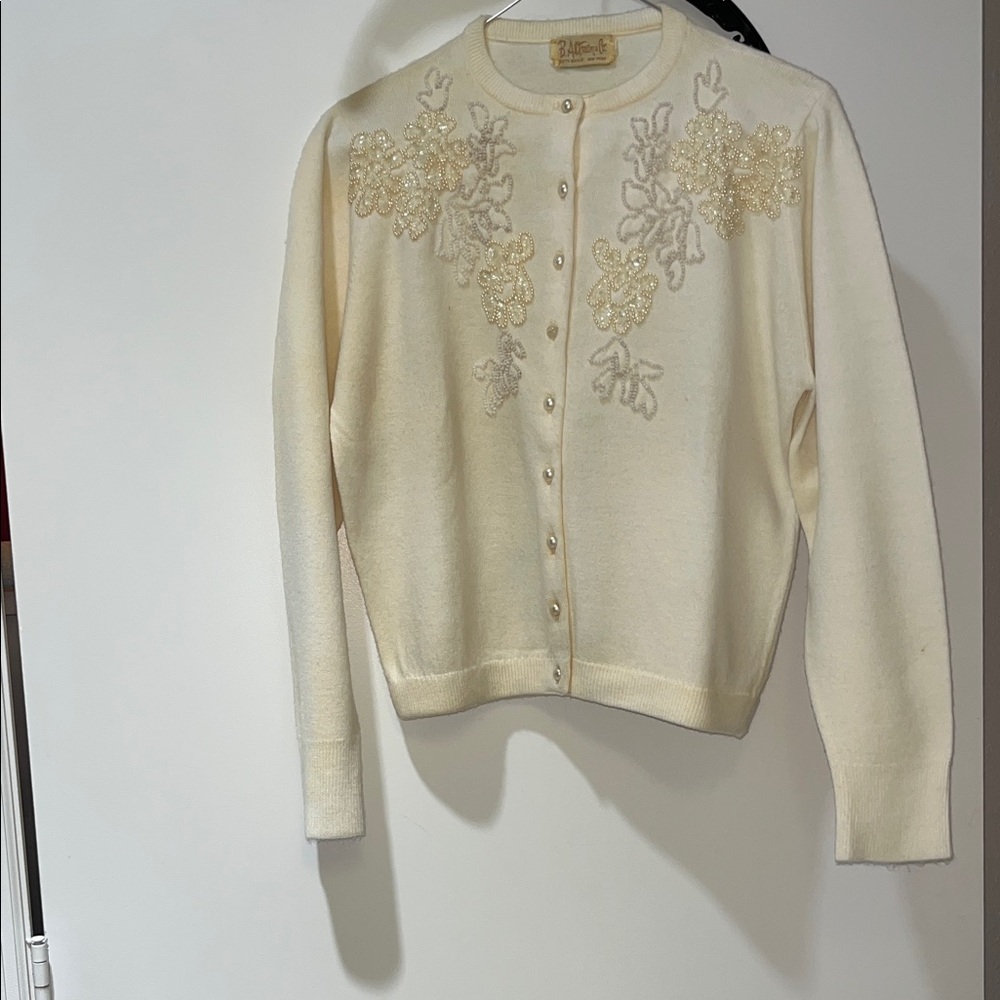 B.Altman & Co.Fifth Ave.NYC Vintage Embellished Cream Crewneck Cardigan Sweater
